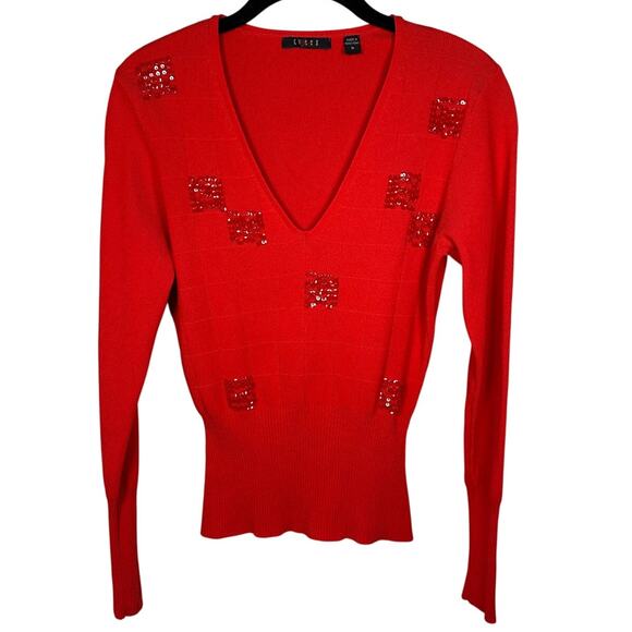 Cyrus Sweaters - Cyrus Red Checkered Sequins V-Neck Sweater Women's Small